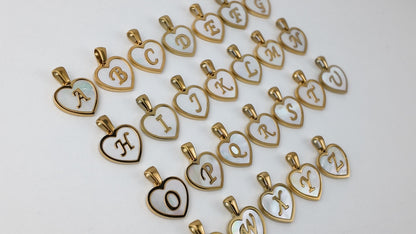 Natural Shell Initial Pendant, Gold Stainless Steel Heart Letter Charm, A-Z Alphabet Pendant for Jewelry Making