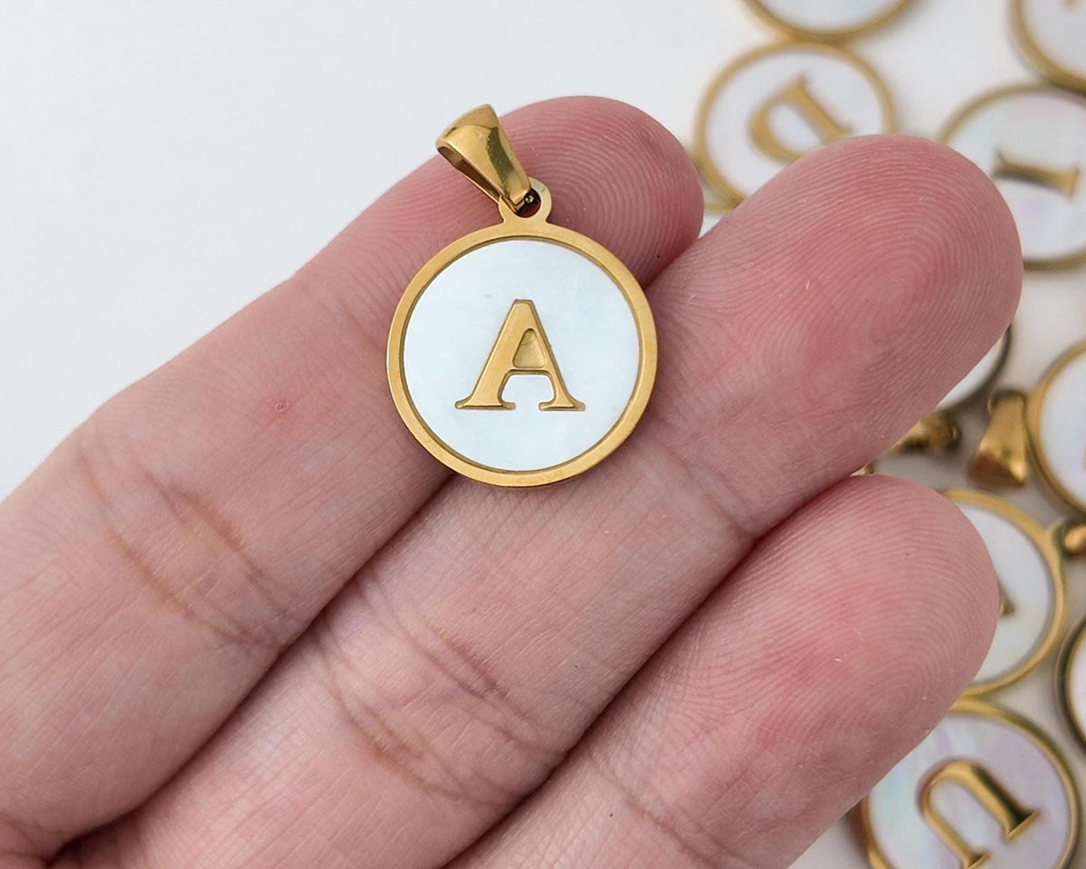 18K Gold Plated Round Shell Initial Charm, Stainless Steel