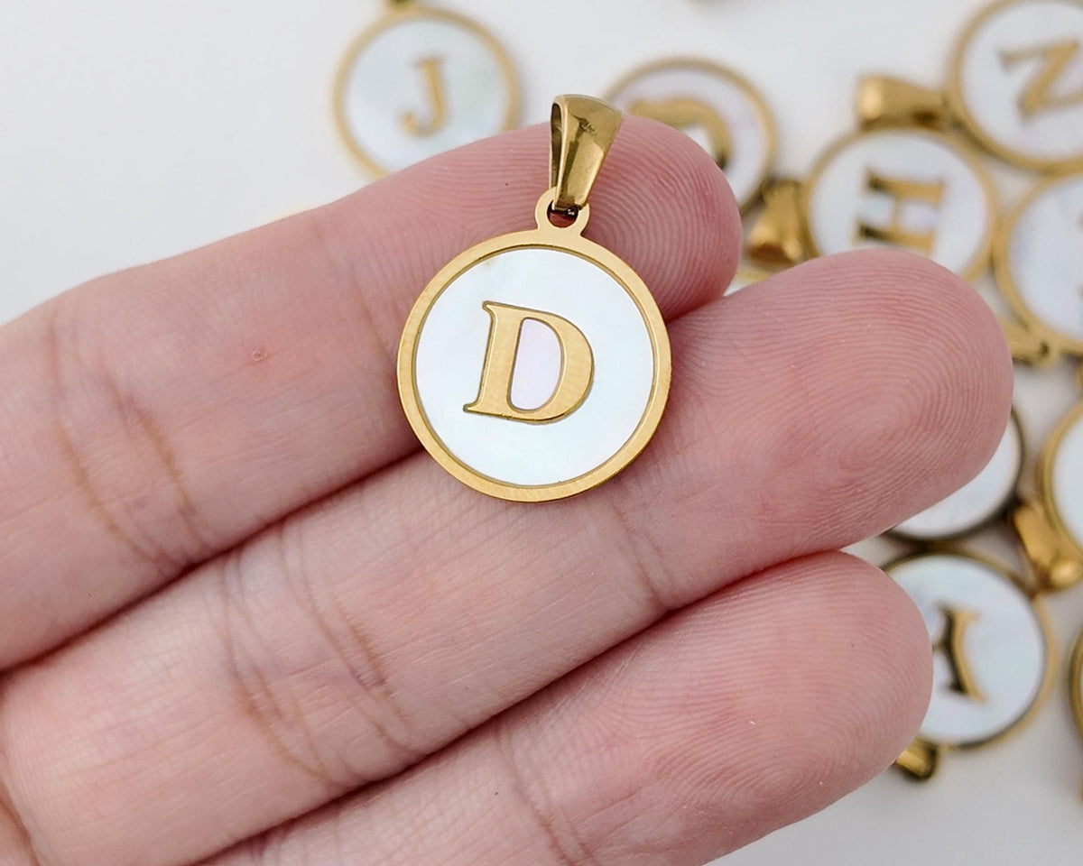 18K Gold Plated Round Shell Initial Charm, Stainless Steel