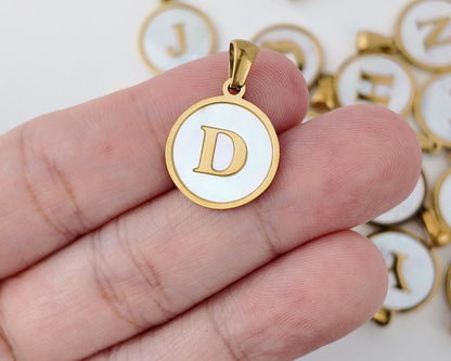 18K Gold Plated Round Shell Initial Charm, Stainless Steel