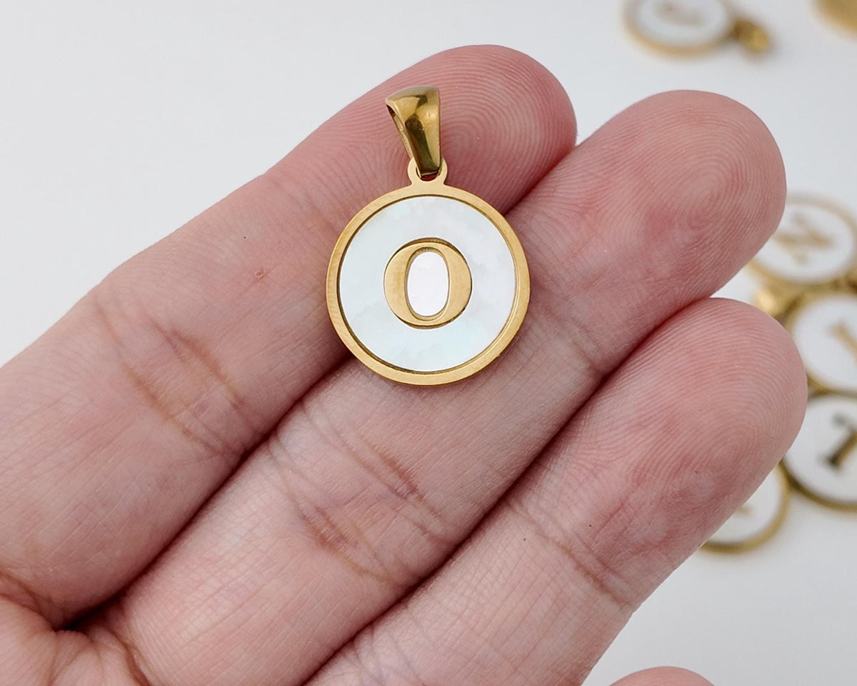 18K Gold Plated Round Shell Initial Charm, Stainless Steel