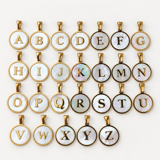18K Gold Plated Round Shell Initial Charm, Stainless Steel