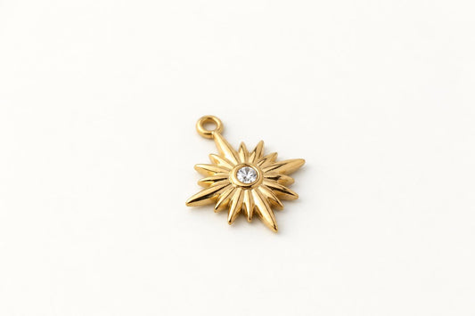 Gold Sun Charm, Stainless Steel Rhinestone Sunburst Pendant, Celestial Charm for Jewelry Making