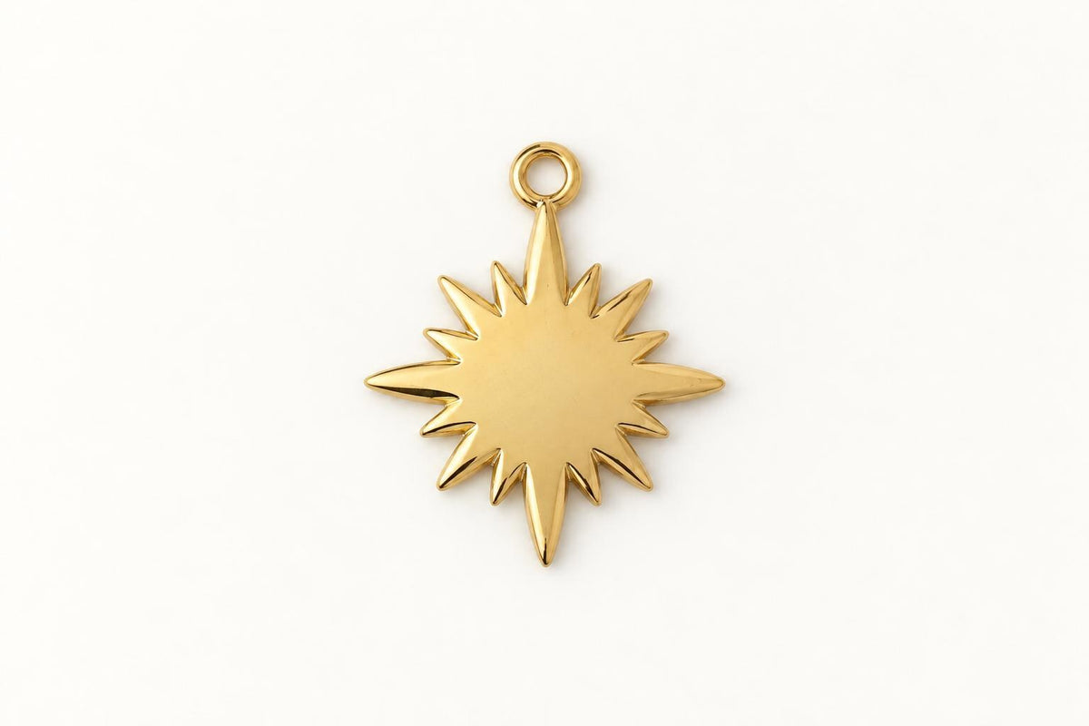 Gold Sun Charm, Stainless Steel Rhinestone Sunburst Pendant, Celestial Charm for Jewelry Making