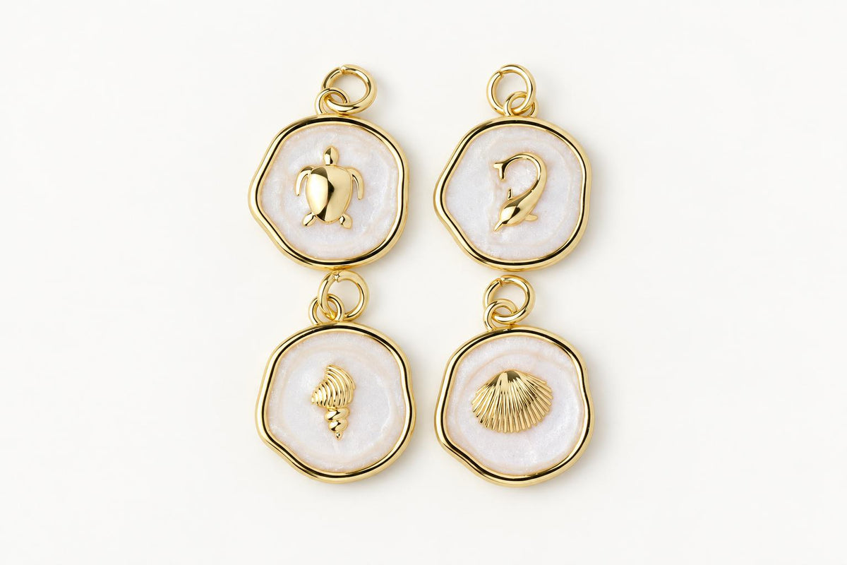 Sea Life Charms, Turtle Dolphin & Seashell Enamel Pendants, Gold Brass Ocean Jewelry Supplies
