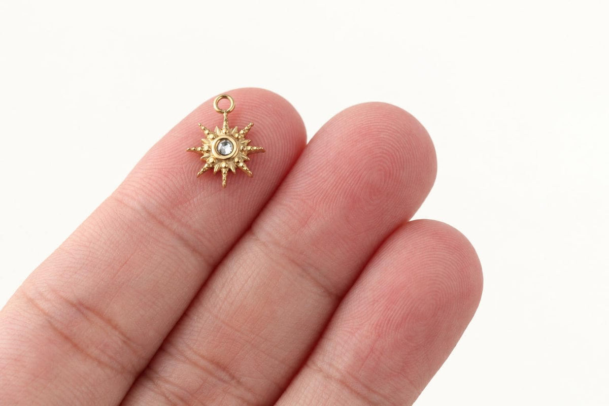 Celestial Sun Charm, Gold Rhinestone Starburst Pendant, Tiny Stainless Steel Sun Jewelry Charm