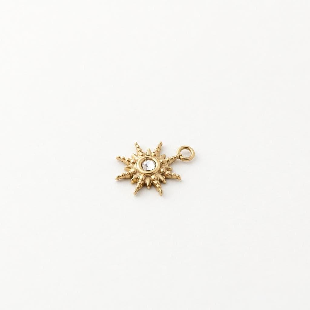 Celestial Sun Charm, Gold Rhinestone Starburst Pendant, Tiny Stainless Steel Sun Jewelry Charm