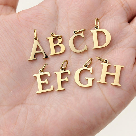 Classic Letter Pendant, Gold Stainless Steel Initial Charm, Petite Serif Alphabet Jewelry
