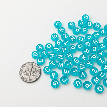 7mm Aqua Letter Beads, Translucent Round Alphabet Beads with White Letters, A-Z Initial Beads for Bracelets & Jewelry Making #4053