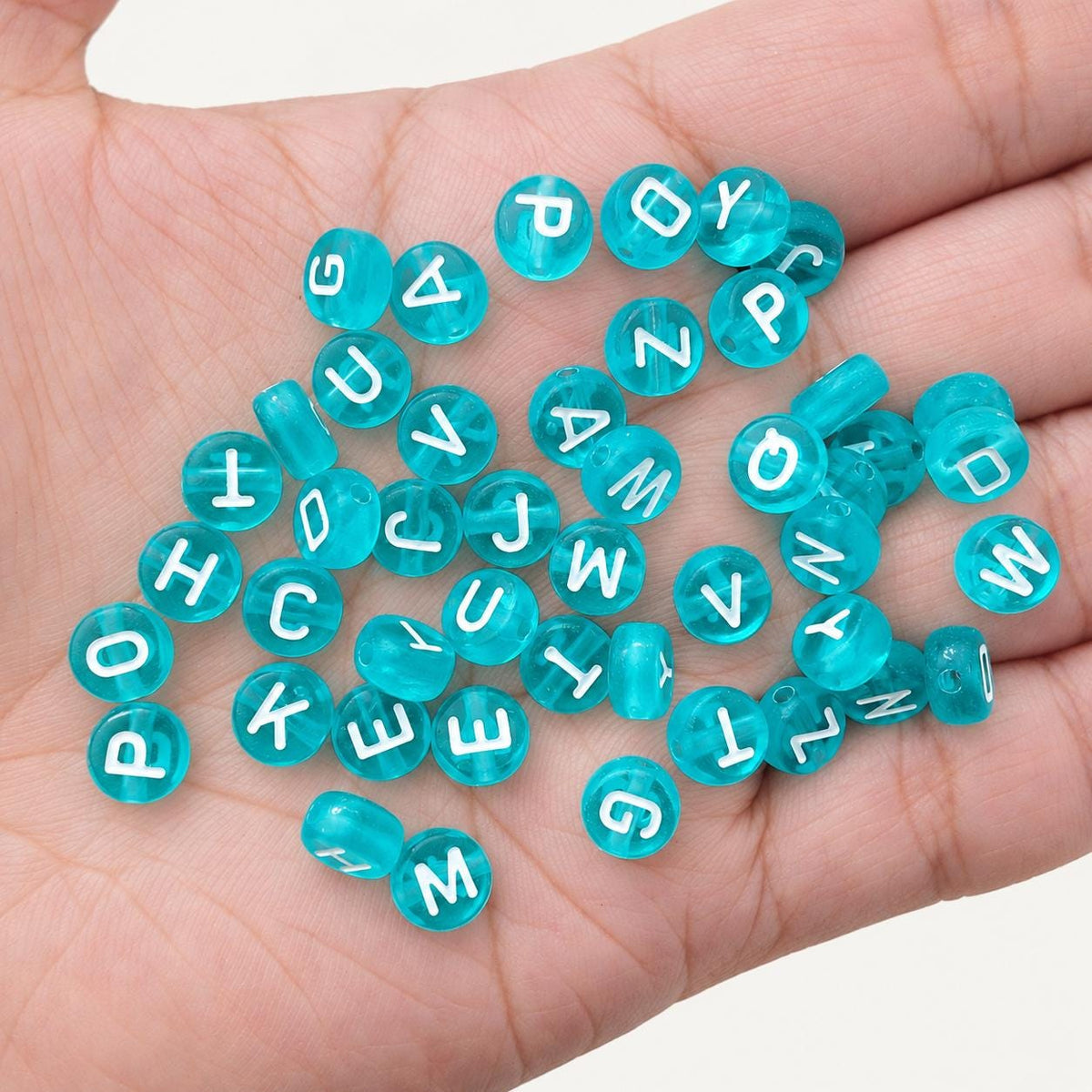 7mm Aqua Letter Beads, Translucent Round Alphabet Beads with White Letters, A-Z Initial Beads for Bracelets & Jewelry Making #4053