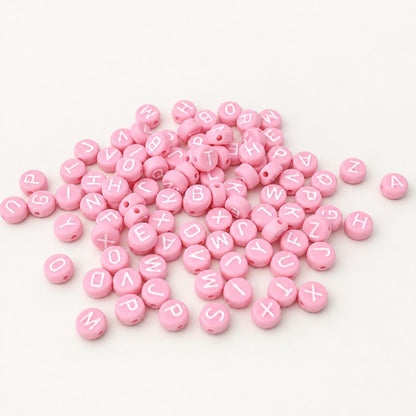 7mm Pink Letter Beads, Bubblegum Pink Round Alphabet Beads, White A-Z Initial Beads for Name Bracelets & Jewelry Making #39