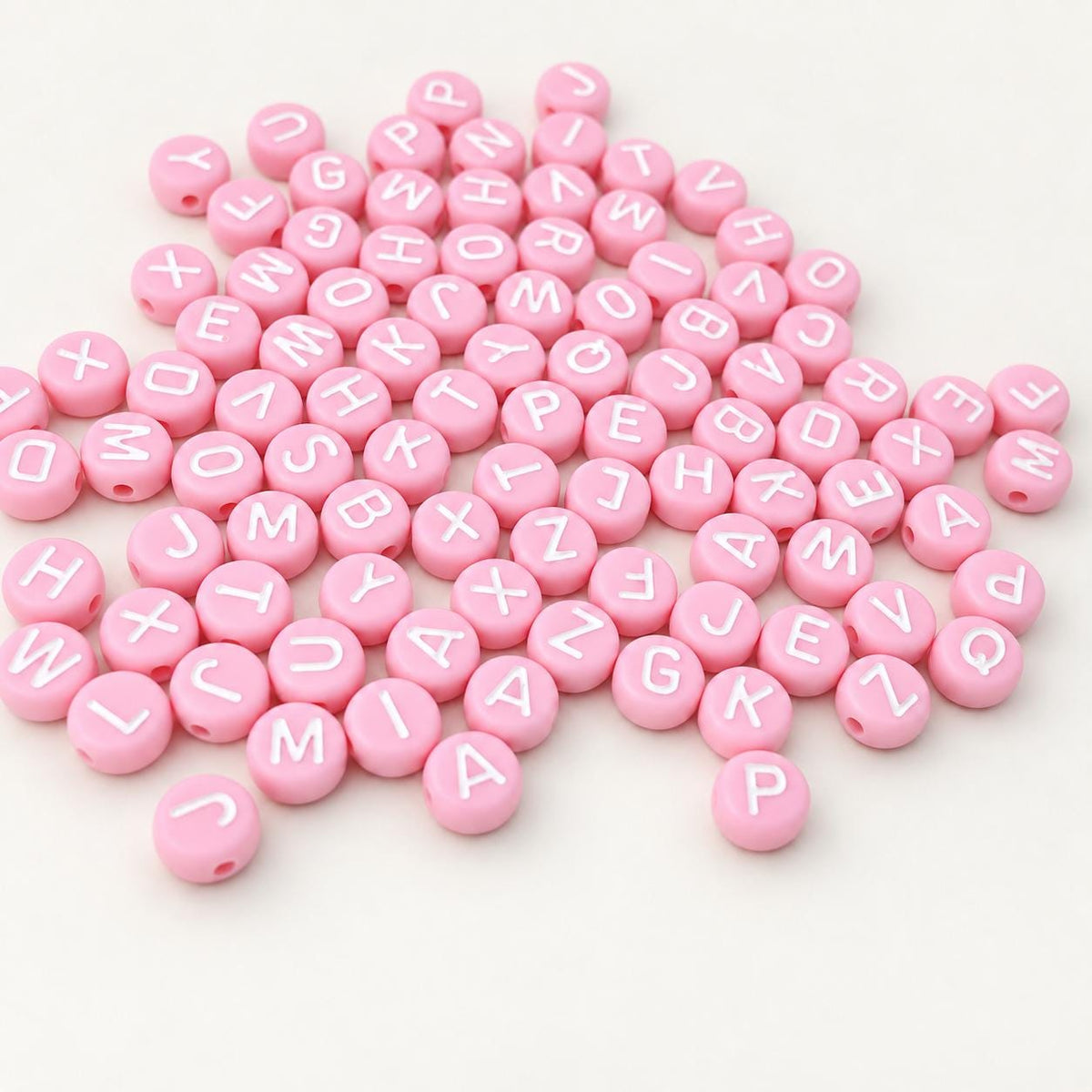 7mm Pink Letter Beads, Bubblegum Pink Round Alphabet Beads, White A-Z Initial Beads for Name Bracelets & Jewelry Making #39