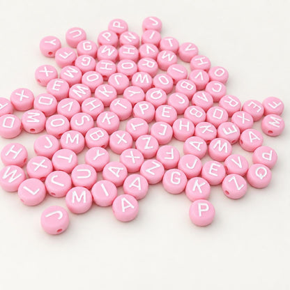 7mm Pink Letter Beads, Bubblegum Pink Round Alphabet Beads, White A-Z Initial Beads for Name Bracelets & Jewelry Making #39