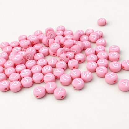 7mm Pink Letter Beads, Bubblegum Pink Round Alphabet Beads, White A-Z Initial Beads for Name Bracelets & Jewelry Making #39