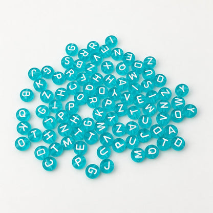 7mm Aqua Letter Beads, Translucent Round Alphabet Beads with White Letters, A-Z Initial Beads for Bracelets & Jewelry Making #4053