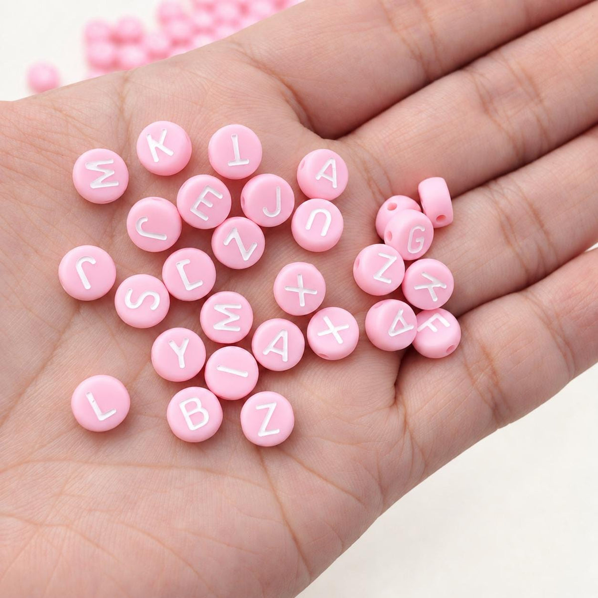 7mm Pink Letter Beads, Bubblegum Pink Round Alphabet Beads, White A-Z Initial Beads for Name Bracelets & Jewelry Making #39