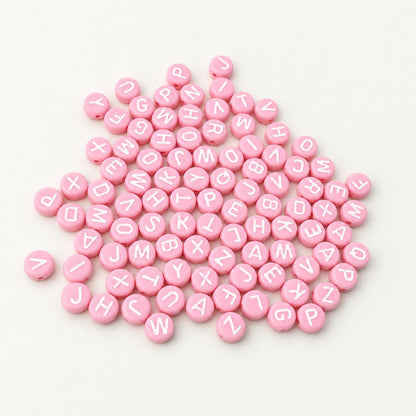 7mm Pink Letter Beads, Bubblegum Pink Round Alphabet Beads, White A-Z Initial Beads for Name Bracelets & Jewelry Making #39