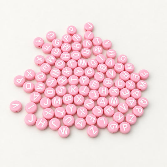 7mm Pink Letter Beads, Bubblegum Pink Round Alphabet Beads, White A-Z Initial Beads for Name Bracelets & Jewelry Making #39