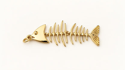 Movable Fish Skeleton Pendant, Gold Plated Brass Articulated Fish Charm, Fish Bone Pendant for Necklace & Jewelry Making
