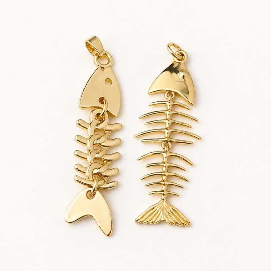 Movable Fish Skeleton Pendant, Gold Plated Brass Articulated Fish Charm, Fish Bone Pendant for Necklace & Jewelry Making