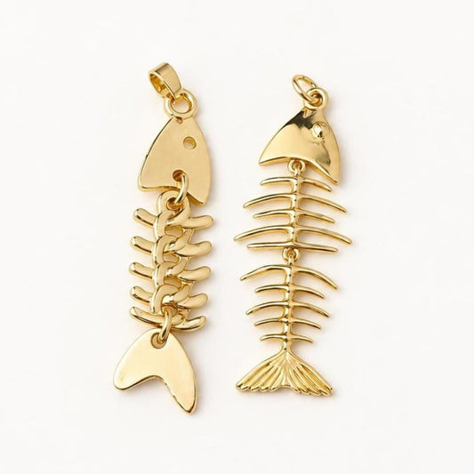Movable Fish Skeleton Pendant, Gold Plated Brass Articulated Fish Charm, Fish Bone Pendant for Necklace & Jewelry Making