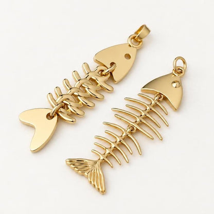 Movable Fish Skeleton Pendant, Gold Plated Brass Articulated Fish Charm, Fish Bone Pendant for Necklace & Jewelry Making