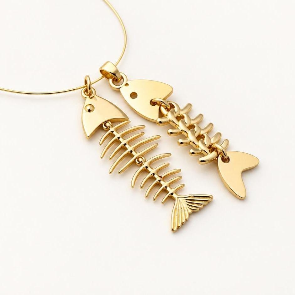 Movable Fish Skeleton Pendant, Gold Plated Brass Articulated Fish Charm, Fish Bone Pendant for Necklace & Jewelry Making