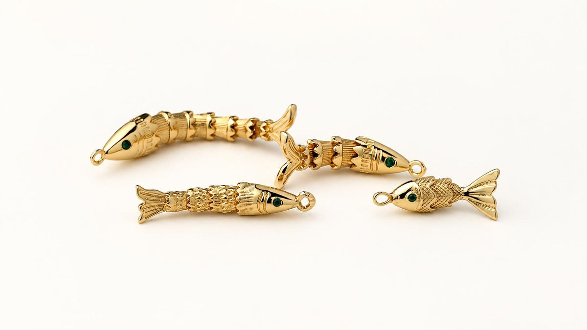 3D Movable Fish Pendant, Gold Plated Brass Articulated Fish Charm, Jointed Fish Pendant for Necklace & Jewelry Making