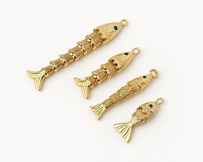 3D Movable Fish Pendant, Gold Plated Brass Articulated Fish Charm, Jointed Fish Pendant for Necklace & Jewelry Making