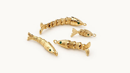 3D Movable Fish Pendant, Gold Plated Brass Articulated Fish Charm, Jointed Fish Pendant for Necklace & Jewelry Making