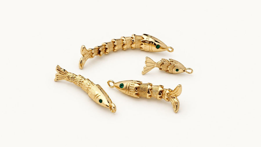 3D Movable Fish Pendant, Gold Plated Brass Articulated Fish Charm, Jointed Fish Pendant for Necklace & Jewelry Making