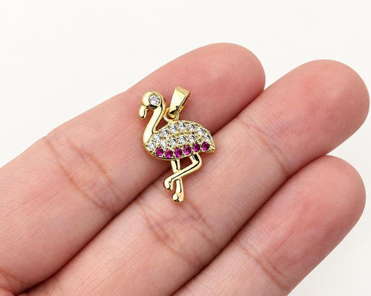 Gold Flamingo Pendant, Pink CZ Flamingo Charm, Gold Plated Brass Bird Pendant for Necklace & Tropical Jewelry Making