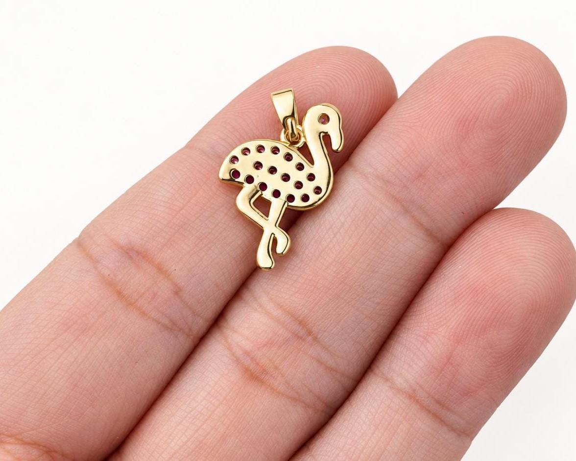 Gold Flamingo Pendant, Pink CZ Flamingo Charm, Gold Plated Brass Bird Pendant for Necklace & Tropical Jewelry Making