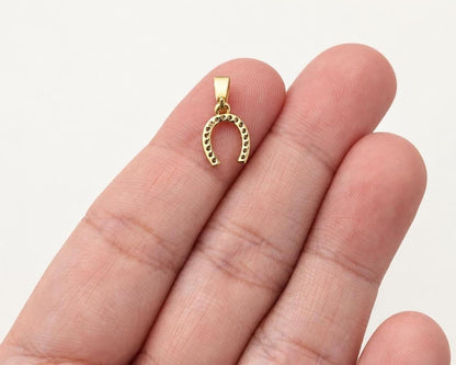 10mm CZ Horseshoe Pendant, Gold Plated Brass Lucky Horseshoe Charm, Clear Crystal Pendant for Necklace & Jewelry Making