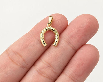 14mm Gold Horseshoe Pendant, Gold Plated Brass Lucky Horseshoe Charm, Equestrian Pendant for Necklace & Jewelry Making