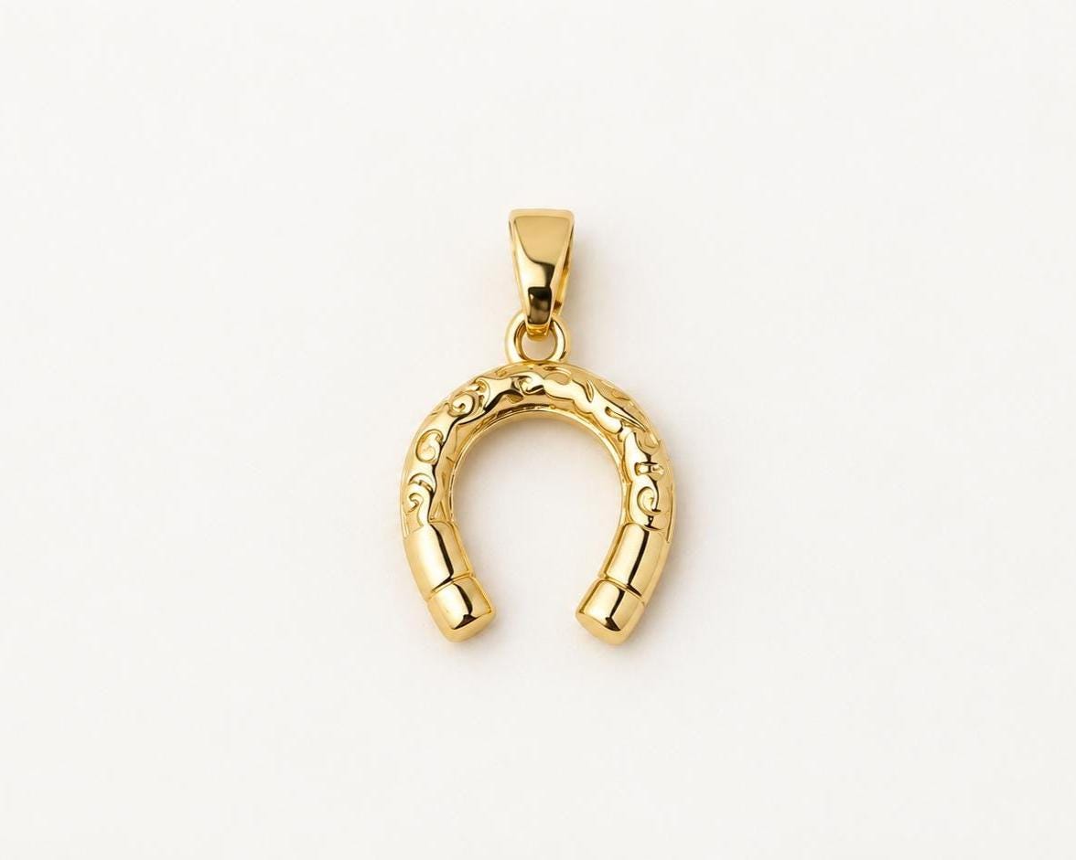 14mm Gold Horseshoe Pendant, Gold Plated Brass Lucky Horseshoe Charm, Equestrian Pendant for Necklace & Jewelry Making