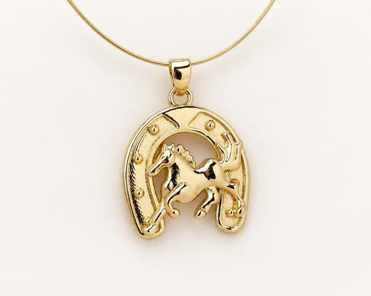 Gold Horse Horseshoe Pendant, Gold Plated Brass Horse Pendant, Lucky Equestrian Western Charm for Necklace Jewelry Making