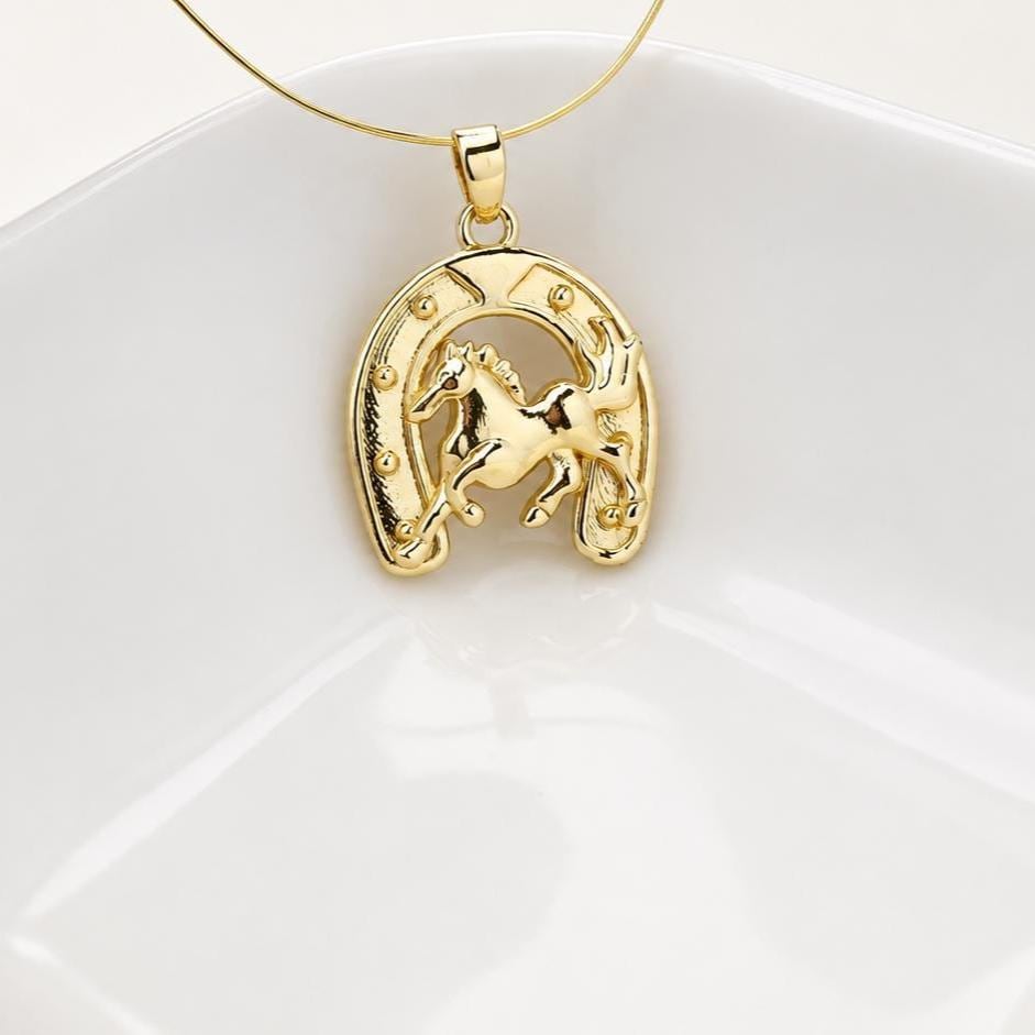 Gold Horse Horseshoe Pendant, Gold Plated Brass Horse Pendant, Lucky Equestrian Western Charm for Necklace Jewelry Making