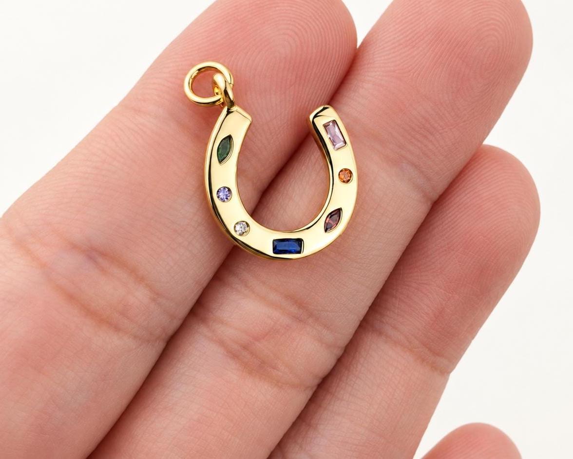 Multicolor CZ Horseshoe Pendant, Gold Plated Brass Lucky Horseshoe Charm, Rainbow Crystal Equestrian Jewelry Supply