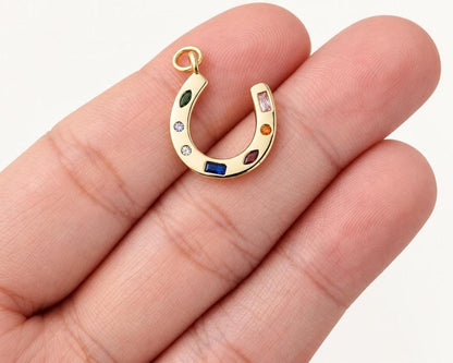 Multicolor CZ Horseshoe Pendant, Gold Plated Brass Lucky Horseshoe Charm, Rainbow Crystal Equestrian Jewelry Supply