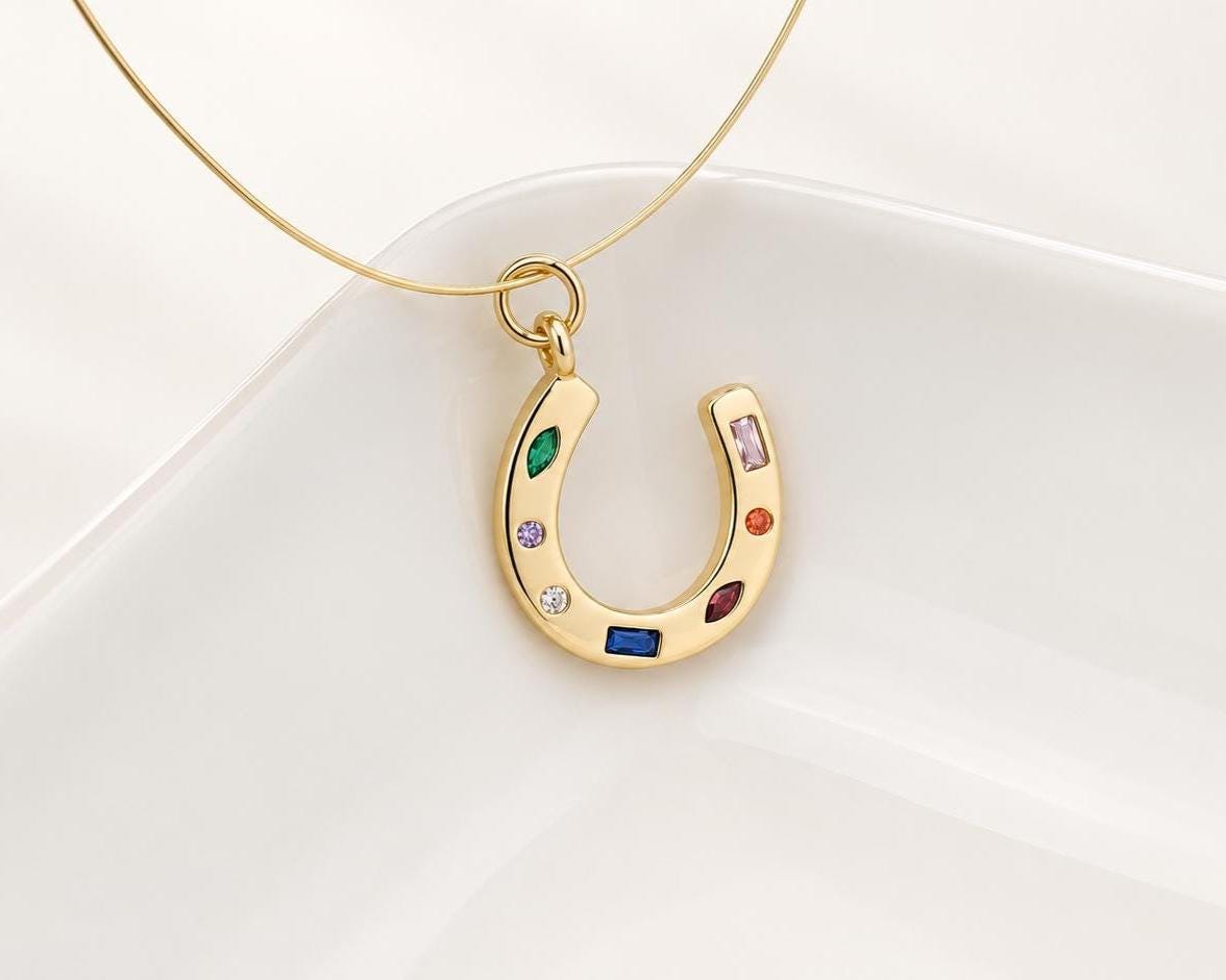Multicolor CZ Horseshoe Pendant, Gold Plated Brass Lucky Horseshoe Charm, Rainbow Crystal Equestrian Jewelry Supply