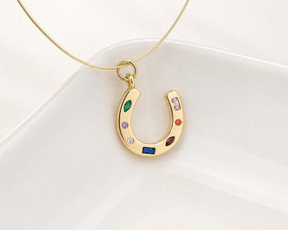 Multicolor CZ Horseshoe Pendant, Gold Plated Brass Lucky Horseshoe Charm, Rainbow Crystal Equestrian Jewelry Supply