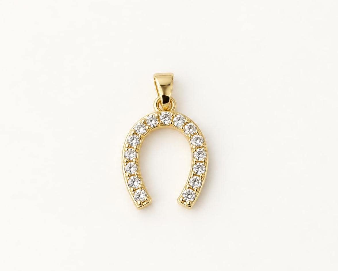 17mm CZ Horseshoe Pendant, Gold Plated Brass Lucky Horseshoe, Clear CZ Equestrian Pendant for Necklace Jewelry Making