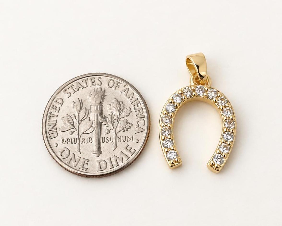 17mm CZ Horseshoe Pendant, Gold Plated Brass Lucky Horseshoe, Clear CZ Equestrian Pendant for Necklace Jewelry Making