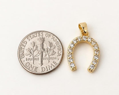 17mm CZ Horseshoe Pendant, Gold Plated Brass Lucky Horseshoe, Clear CZ Equestrian Pendant for Necklace Jewelry Making