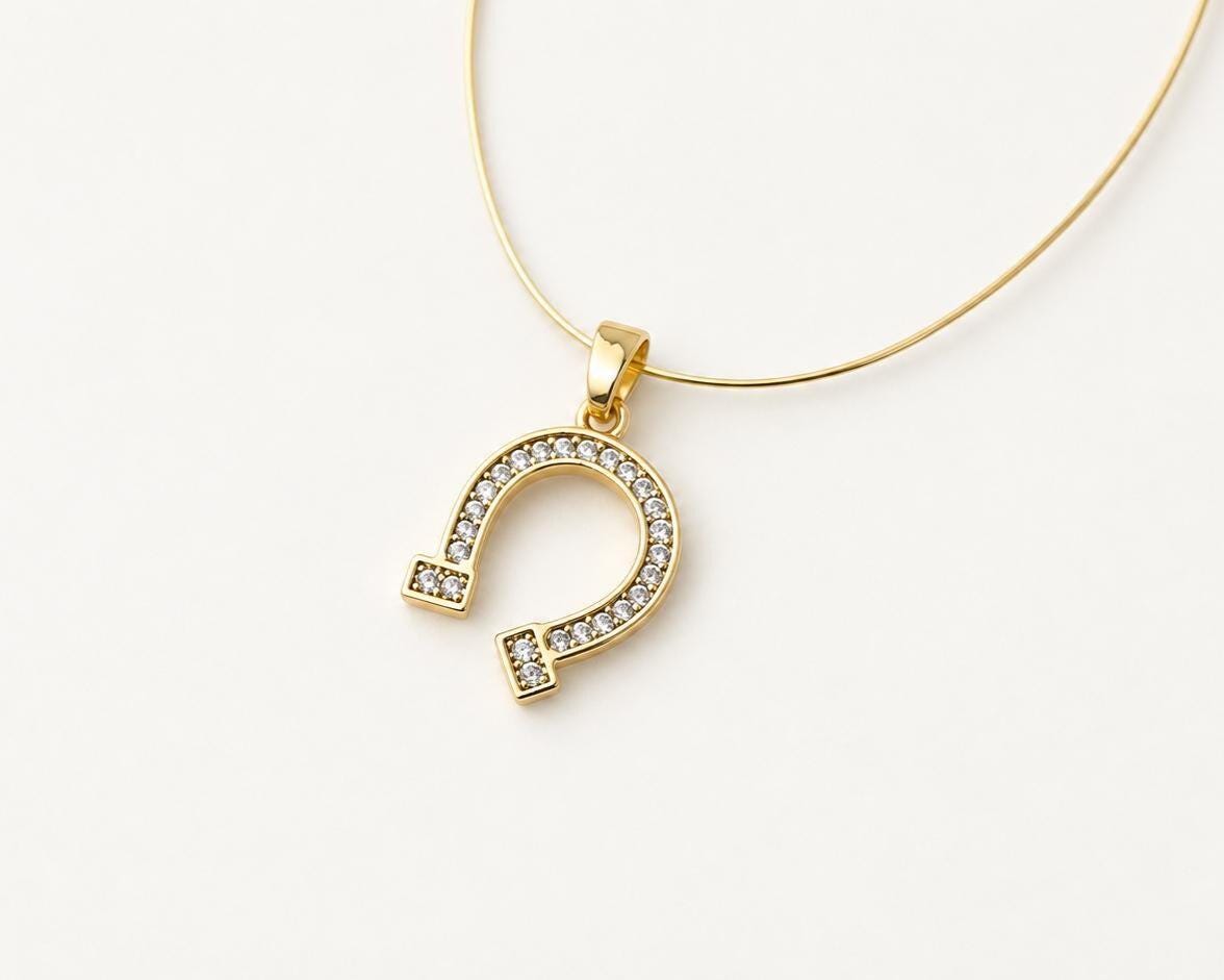 16mm CZ Horseshoe Pendant, Gold Plated Brass Lucky Horseshoe Charm, Clear Crystal Equestrian Pendant for Jewelry Making