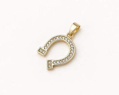 16mm CZ Horseshoe Pendant, Gold Plated Brass Lucky Horseshoe Charm, Clear Crystal Equestrian Pendant for Jewelry Making
