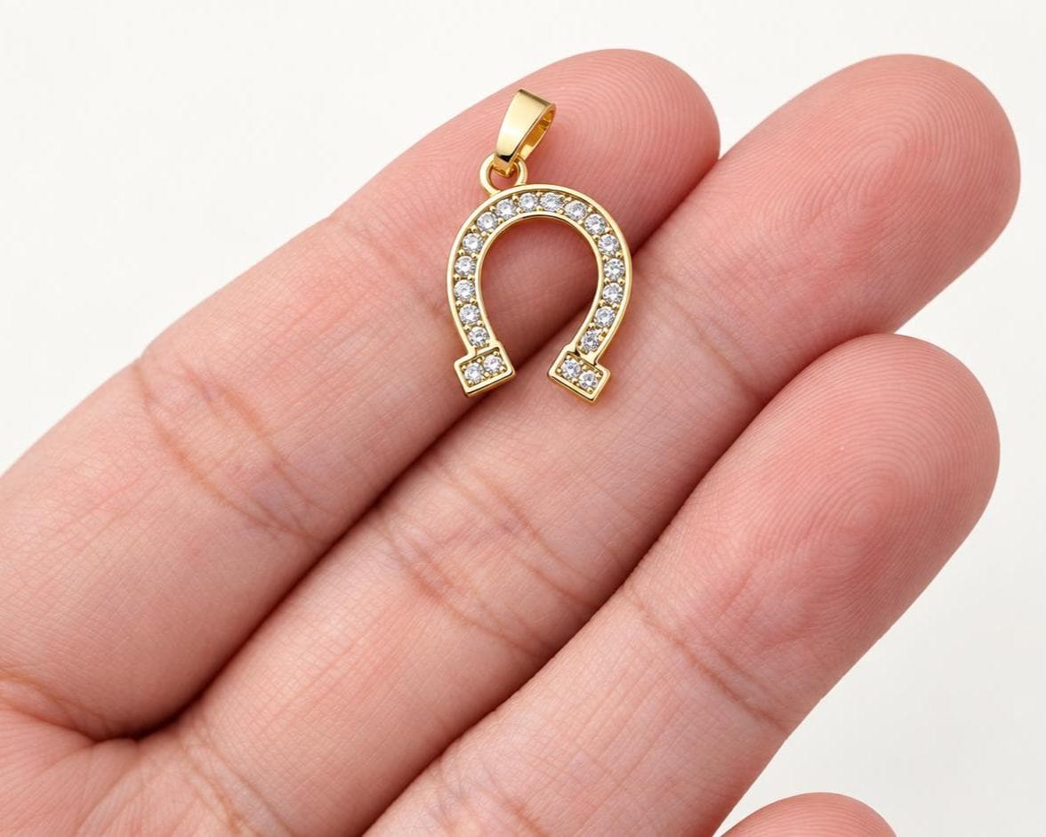 16mm CZ Horseshoe Pendant, Gold Plated Brass Lucky Horseshoe Charm, Clear Crystal Equestrian Pendant for Jewelry Making