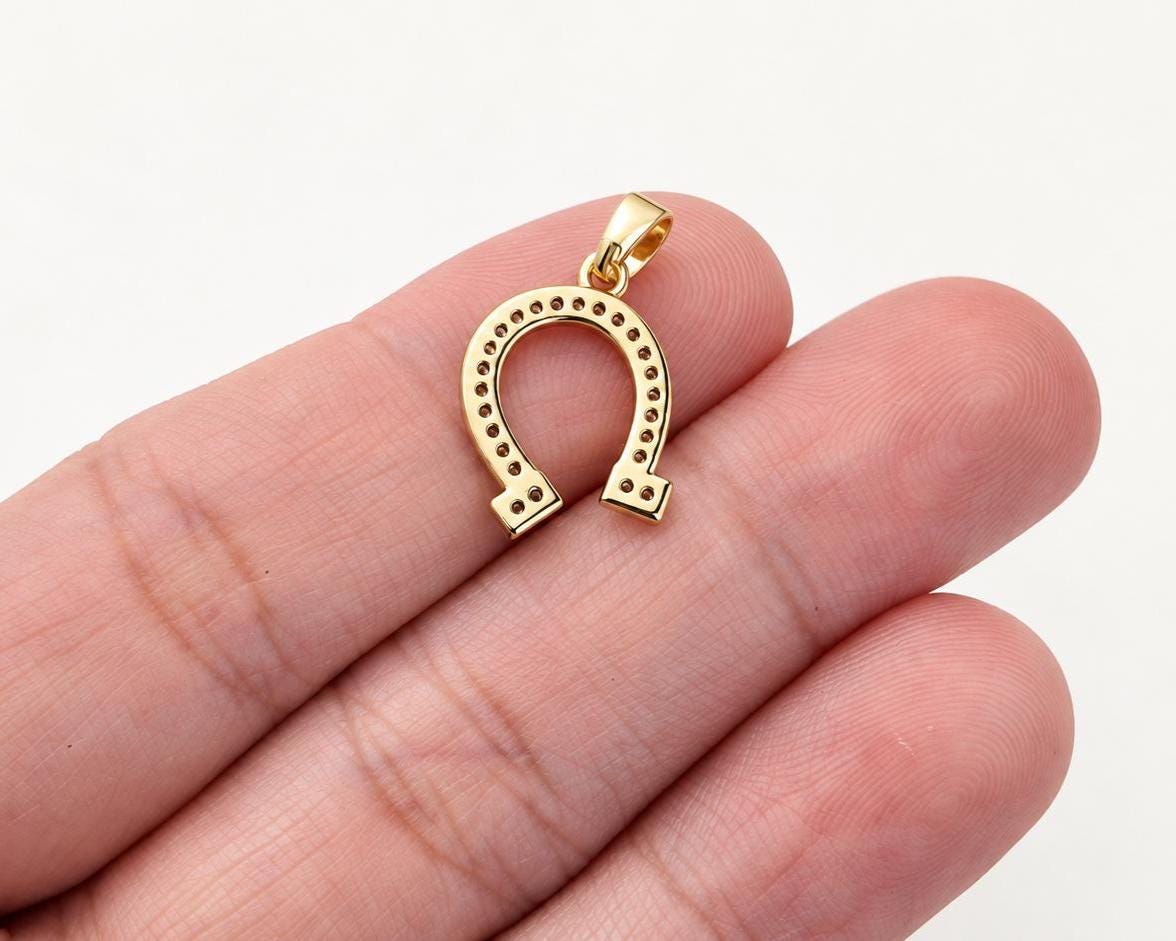 16mm CZ Horseshoe Pendant, Gold Plated Brass Lucky Horseshoe Charm, Clear Crystal Equestrian Pendant for Jewelry Making