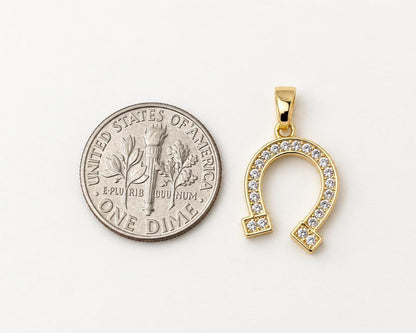 16mm CZ Horseshoe Pendant, Gold Plated Brass Lucky Horseshoe Charm, Clear Crystal Equestrian Pendant for Jewelry Making